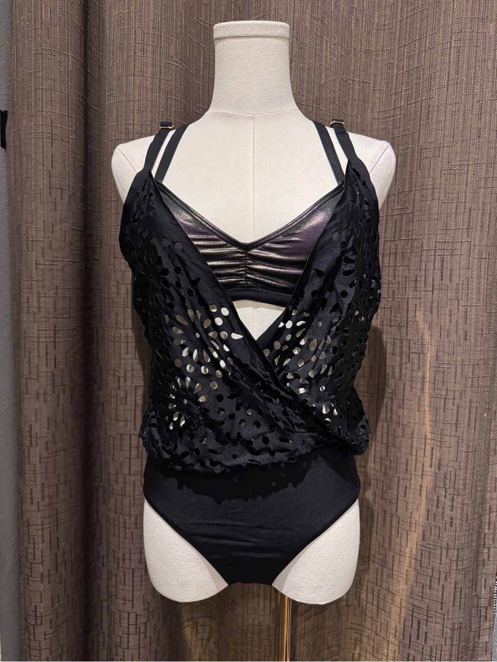 Black Laser-Cut Surplice Two-Piece Swimsuit with Metallic Bikini Top